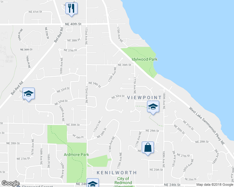 map of restaurants, bars, coffee shops, grocery stores, and more near 17515 Northeast 33rd Place in Redmond