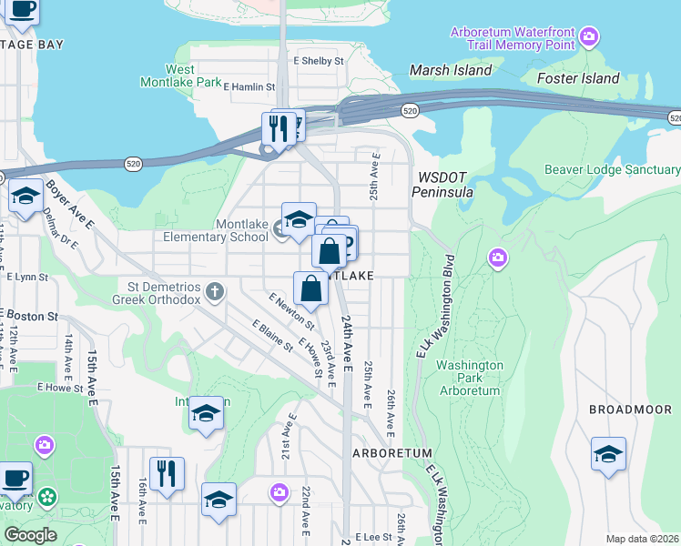 map of restaurants, bars, coffee shops, grocery stores, and more near 2300 24th Avenue East in Seattle