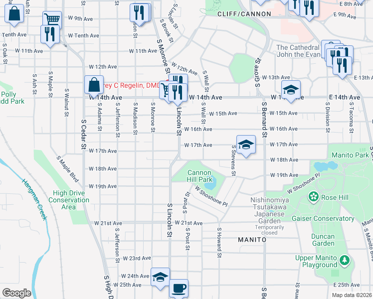 map of restaurants, bars, coffee shops, grocery stores, and more near 724 West 17th Avenue in Spokane