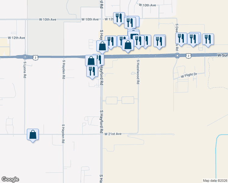 map of restaurants, bars, coffee shops, grocery stores, and more near 1625 South Hayford Road in Spokane