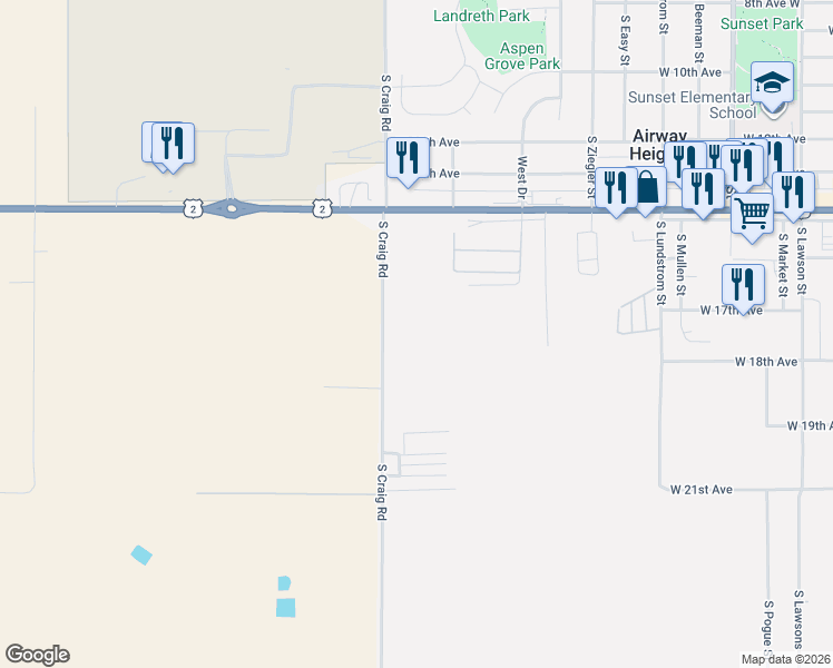 map of restaurants, bars, coffee shops, grocery stores, and more near 1529 South Craig Road in Airway Heights