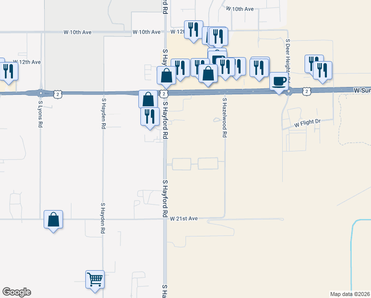 map of restaurants, bars, coffee shops, grocery stores, and more near 1625 South Hayford Road in Spokane