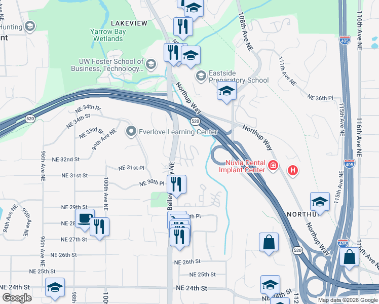 map of restaurants, bars, coffee shops, grocery stores, and more near 10430 Northeast 32nd Place in Bellevue