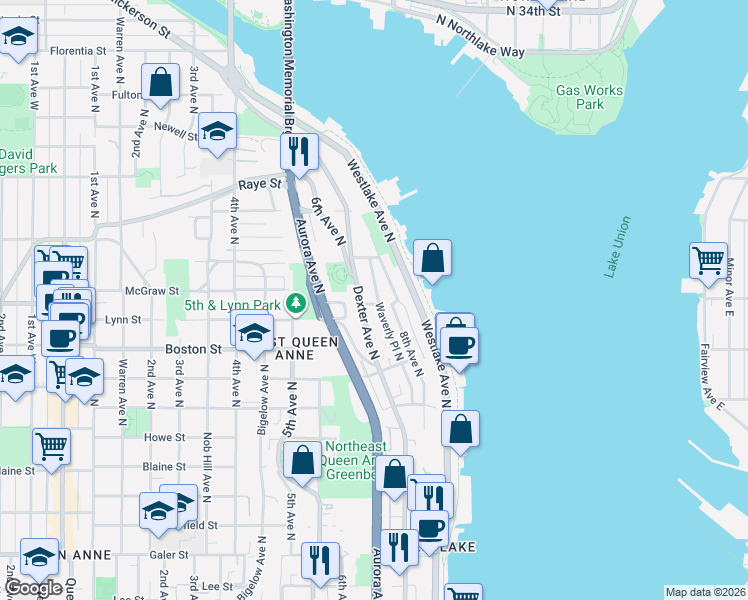 map of restaurants, bars, coffee shops, grocery stores, and more near 2415 8th Avenue North in Seattle