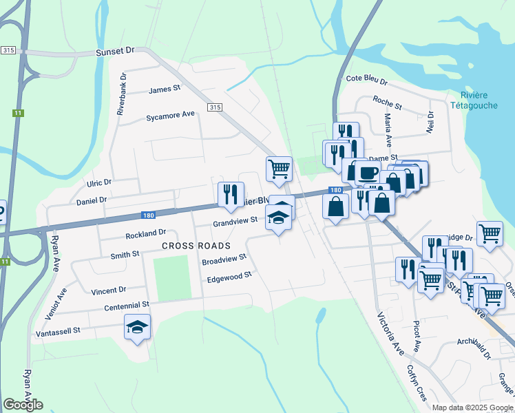 map of restaurants, bars, coffee shops, grocery stores, and more near 865 Vanier Boulevard in Bathurst