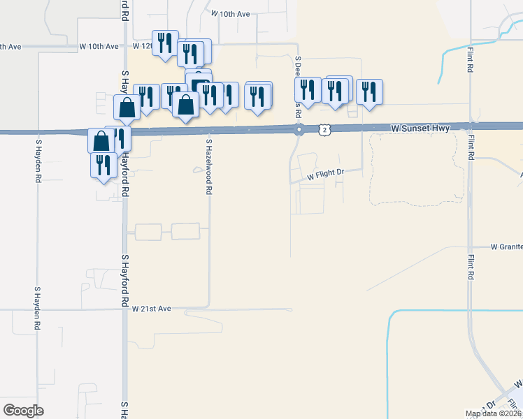 map of restaurants, bars, coffee shops, grocery stores, and more near 1610 South Deer Heights Road in Spokane