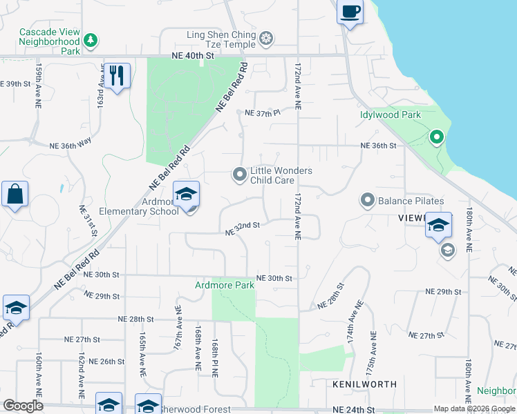 map of restaurants, bars, coffee shops, grocery stores, and more near 3221 170th Avenue Northeast in Bellevue