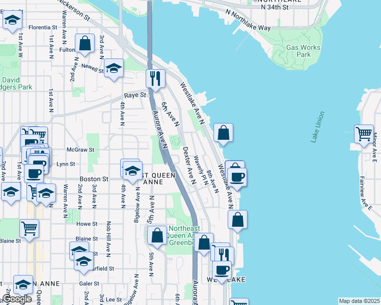 map of restaurants, bars, coffee shops, grocery stores, and more near 2404 Dexter Avenue North in Seattle