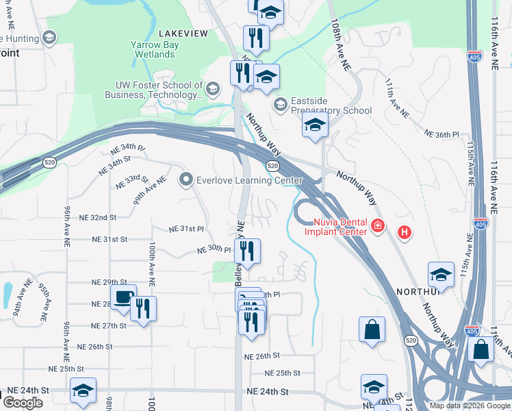 map of restaurants, bars, coffee shops, grocery stores, and more near 10506 Northeast 32nd Place in Bellevue