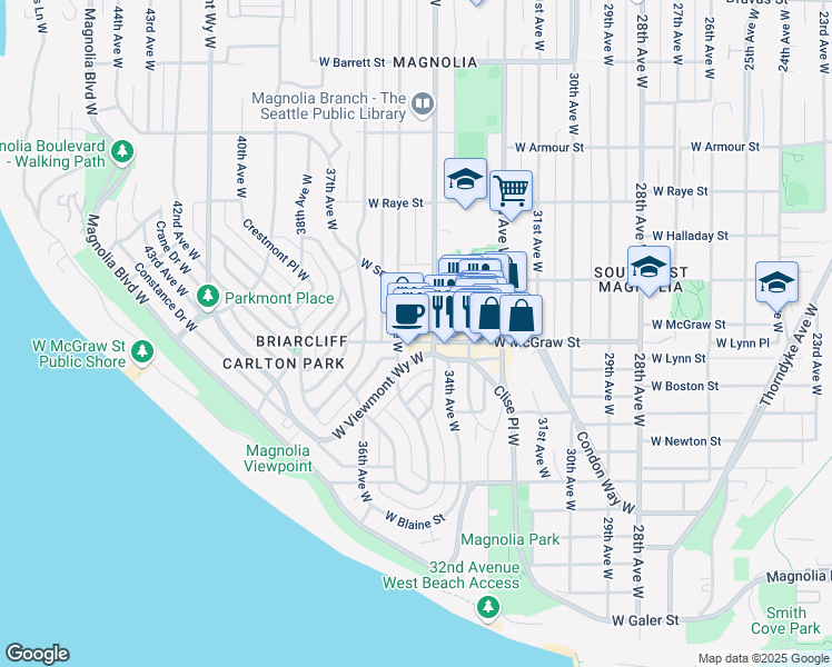 map of restaurants, bars, coffee shops, grocery stores, and more near 2415 34th Avenue West in Seattle