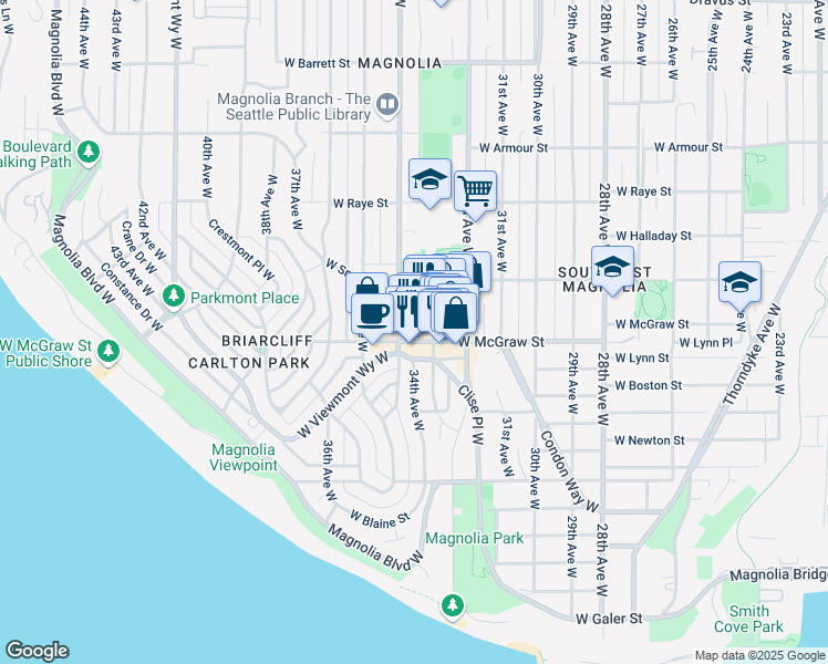 map of restaurants, bars, coffee shops, grocery stores, and more near 3220 West McGraw Street in Seattle