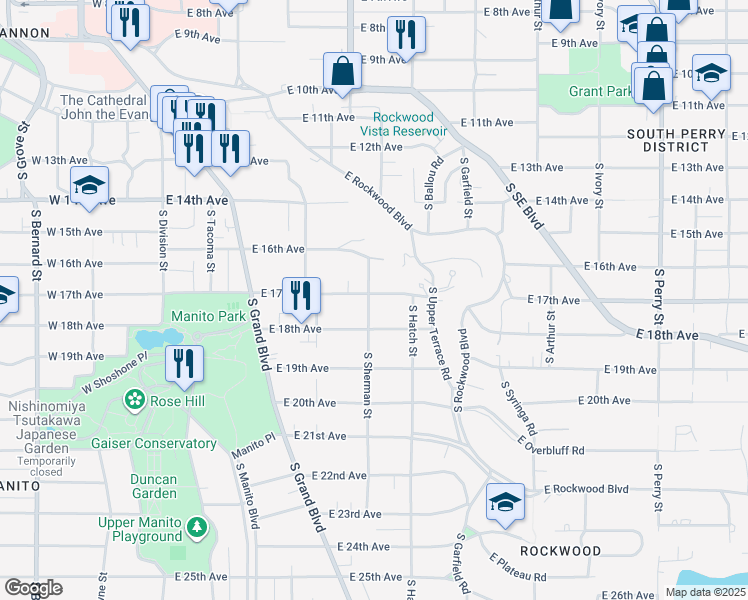map of restaurants, bars, coffee shops, grocery stores, and more near 607 East 17th Avenue in Spokane