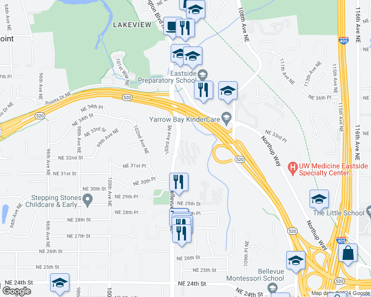 map of restaurants, bars, coffee shops, grocery stores, and more near 10430 Northeast 32nd Place in Bellevue