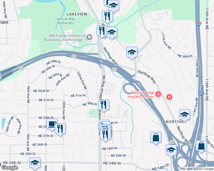 map of restaurants, bars, coffee shops, grocery stores, and more near 10430 Northeast 32nd Place in Bellevue