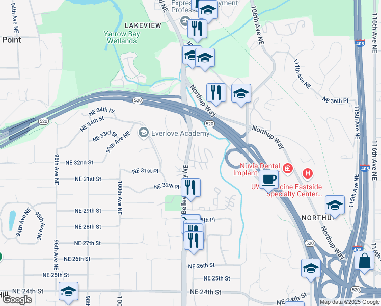 map of restaurants, bars, coffee shops, grocery stores, and more near 10430 Northeast 32nd Place in Bellevue