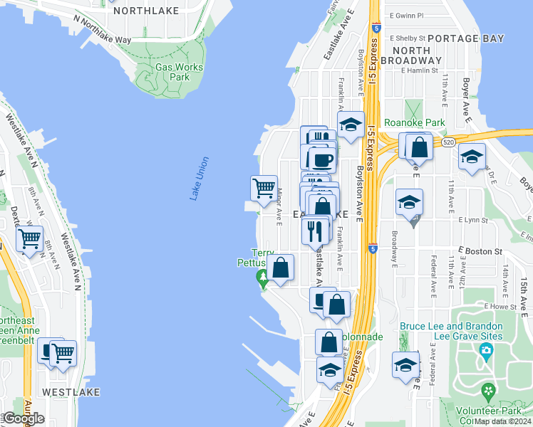 map of restaurants, bars, coffee shops, grocery stores, and more near in Seattle
