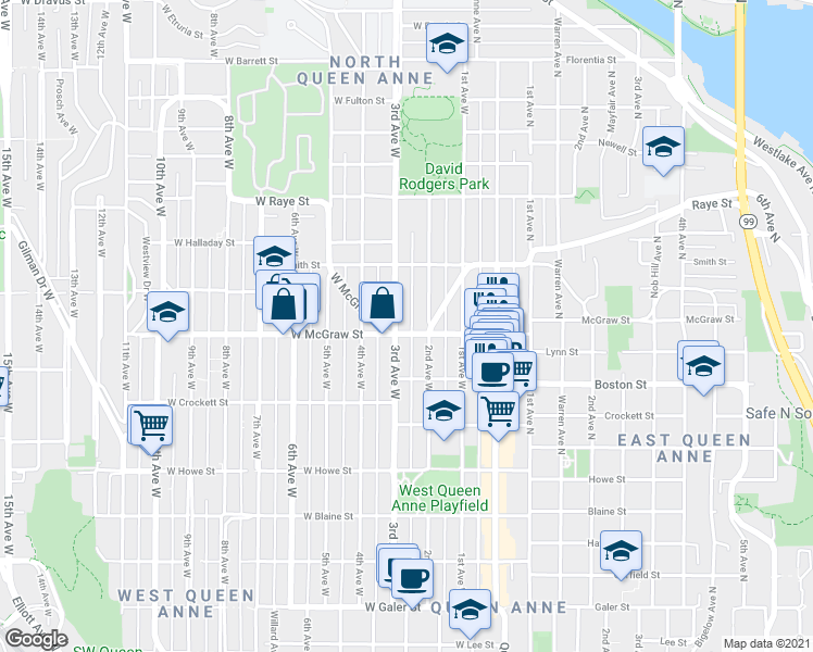 map of restaurants, bars, coffee shops, grocery stores, and more near in Seattle