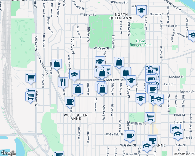 map of restaurants, bars, coffee shops, grocery stores, and more near 2403 6th Avenue West in Seattle