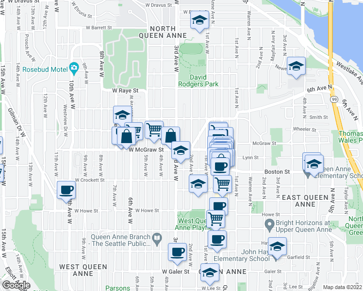 map of restaurants, bars, coffee shops, grocery stores, and more near 214 West McGraw Street in Seattle