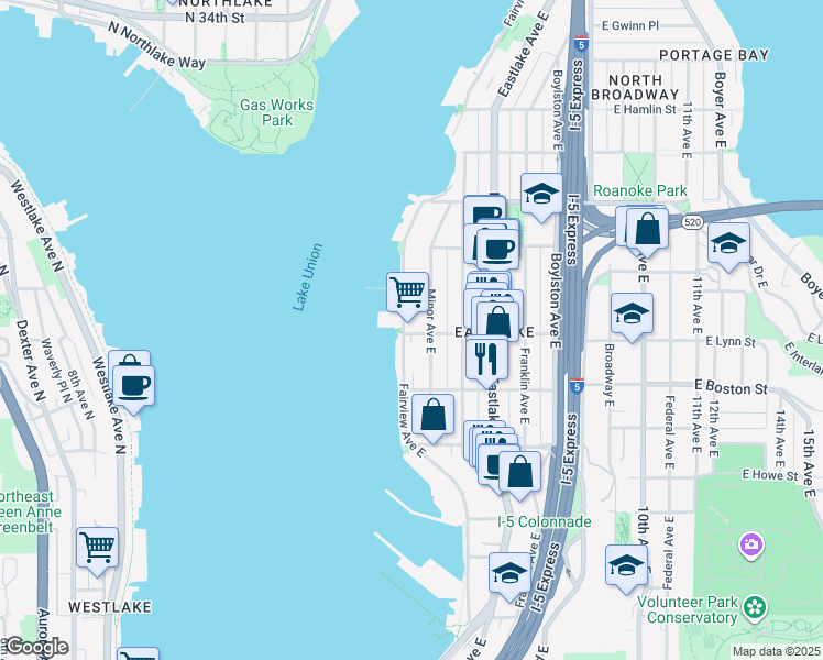 map of restaurants, bars, coffee shops, grocery stores, and more near in Seattle