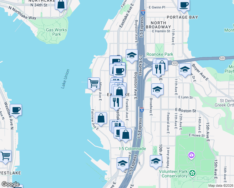 map of restaurants, bars, coffee shops, grocery stores, and more near 2301 Eastlake Avenue East in Seattle