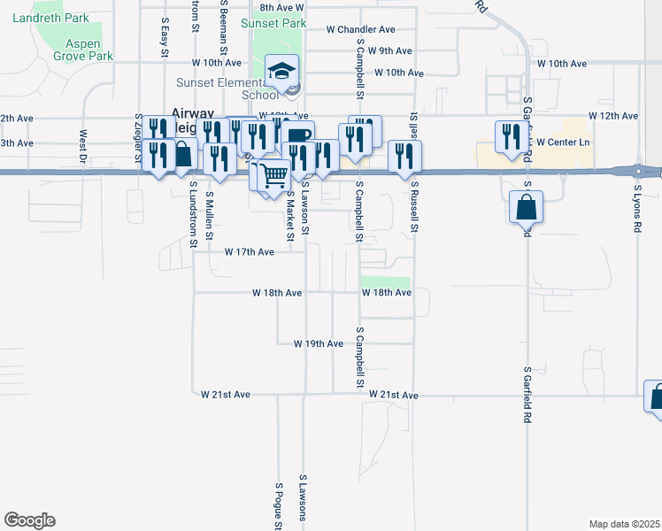 map of restaurants, bars, coffee shops, grocery stores, and more near 30 South Mintle Street in Airway Heights