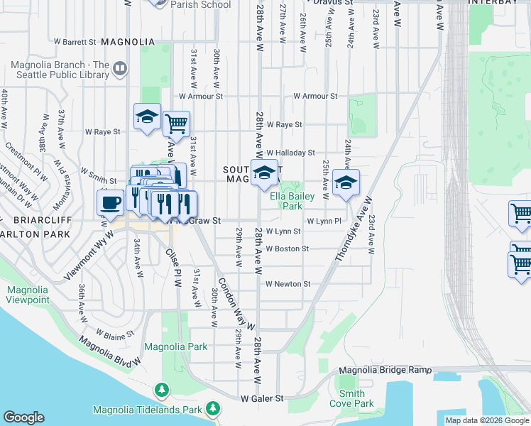 map of restaurants, bars, coffee shops, grocery stores, and more near 2360 28th Avenue West in Seattle