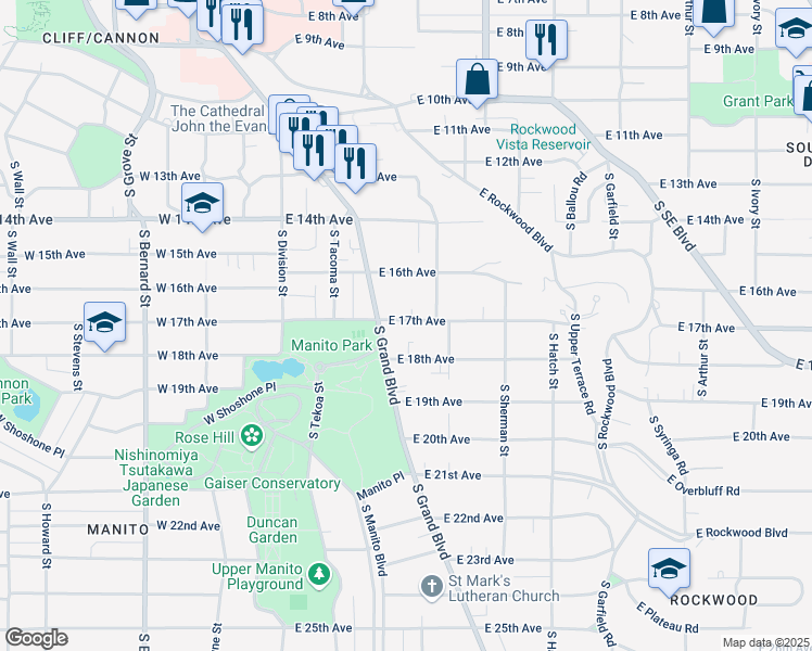 map of restaurants, bars, coffee shops, grocery stores, and more near 220 East 17th Avenue in Spokane