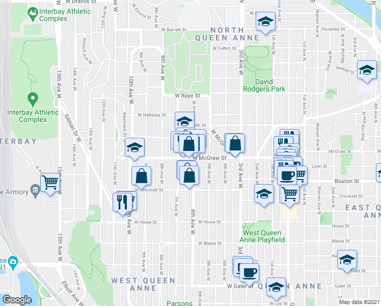 map of restaurants, bars, coffee shops, grocery stores, and more near 2403 6th Avenue West in Seattle