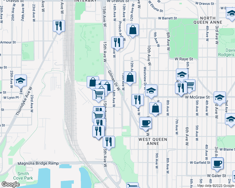 map of restaurants, bars, coffee shops, grocery stores, and more near 2253 Gilman Drive West in Seattle