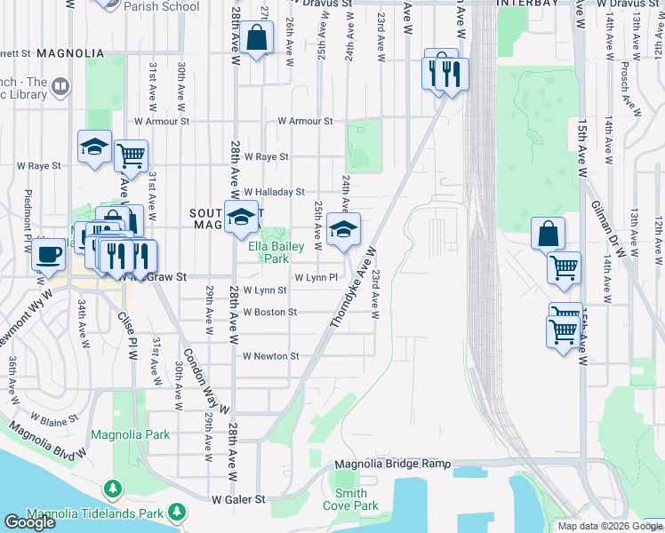 map of restaurants, bars, coffee shops, grocery stores, and more near 2401 West McGraw Street in Seattle