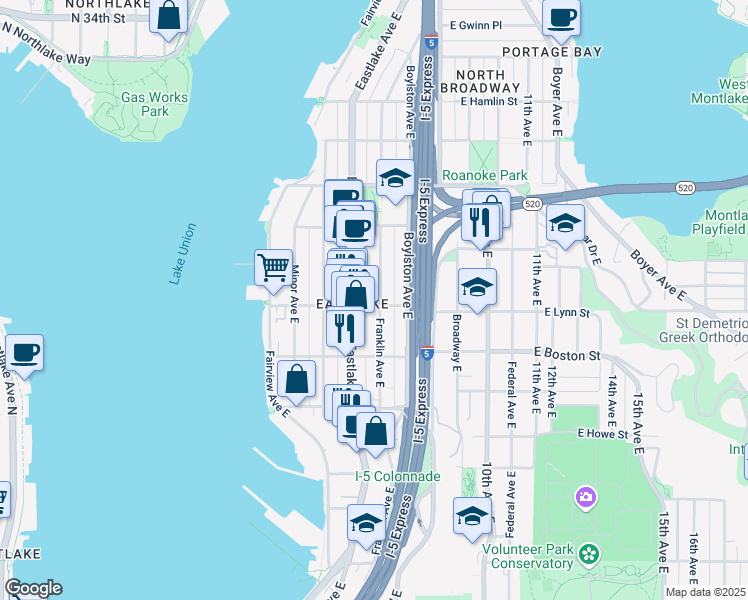 map of restaurants, bars, coffee shops, grocery stores, and more near 2303 Franklin Avenue East in Seattle