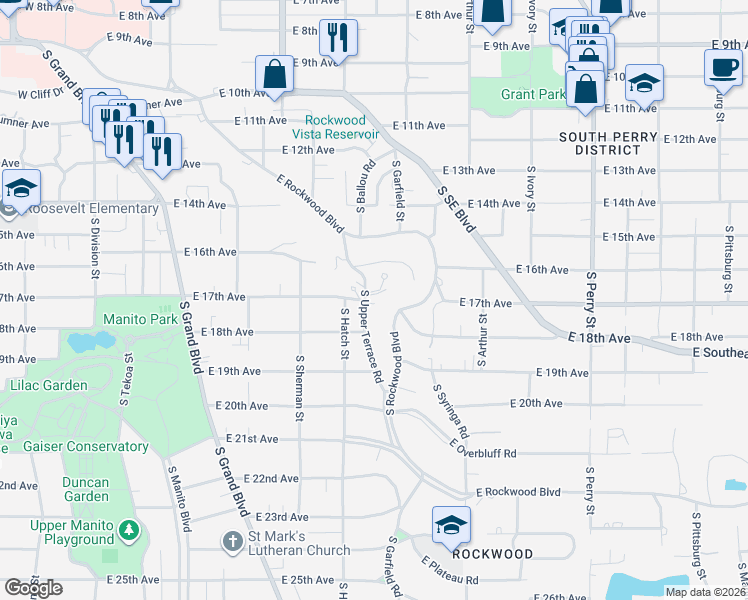 map of restaurants, bars, coffee shops, grocery stores, and more near 1720 South Rockwood Boulevard in Spokane