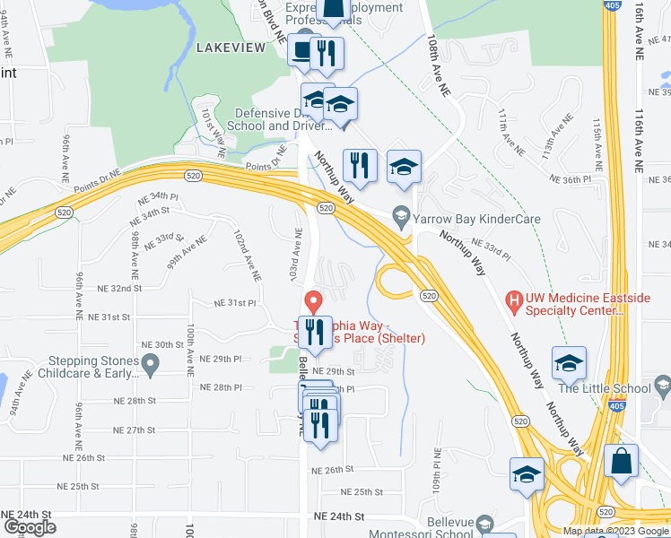map of restaurants, bars, coffee shops, grocery stores, and more near 10430 Northeast 32nd Place in Bellevue