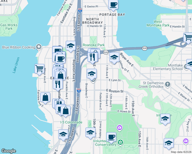 map of restaurants, bars, coffee shops, grocery stores, and more near 2315 10th Avenue East in Seattle