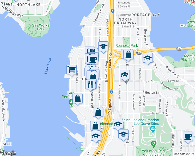 map of restaurants, bars, coffee shops, grocery stores, and more near 2303 Franklin Avenue East in Seattle