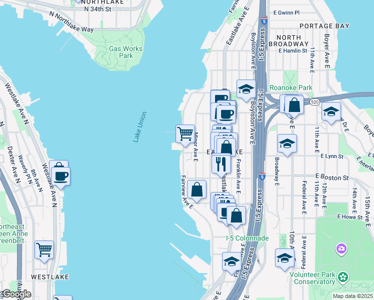 map of restaurants, bars, coffee shops, grocery stores, and more near in Seattle