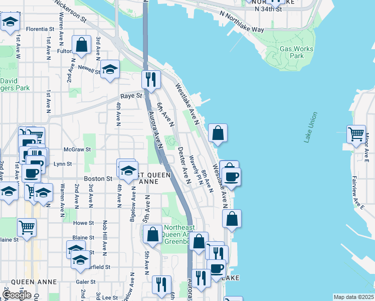 map of restaurants, bars, coffee shops, grocery stores, and more near 2415 8th Avenue North in Seattle