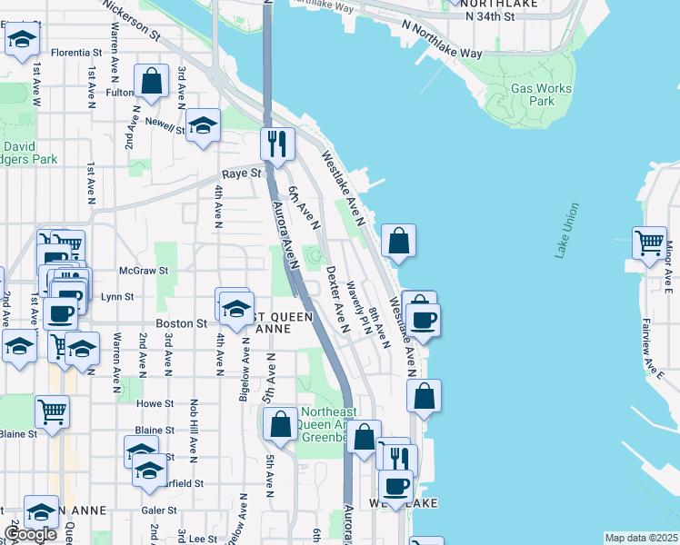 map of restaurants, bars, coffee shops, grocery stores, and more near 2419 Dexter Avenue North in Seattle