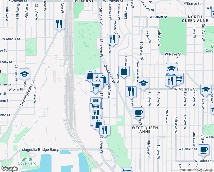 map of restaurants, bars, coffee shops, grocery stores, and more near 2246-1/2 15th Avenue West in Seattle