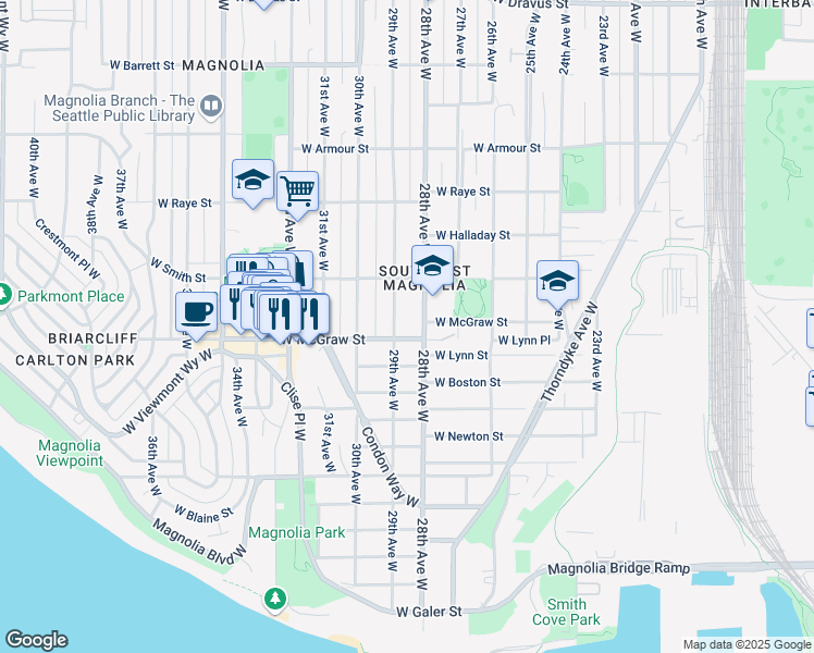 map of restaurants, bars, coffee shops, grocery stores, and more near 2414 29th Avenue West in Seattle