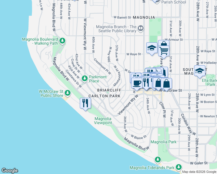 map of restaurants, bars, coffee shops, grocery stores, and more near 1234 Mountain Drive West in Seattle