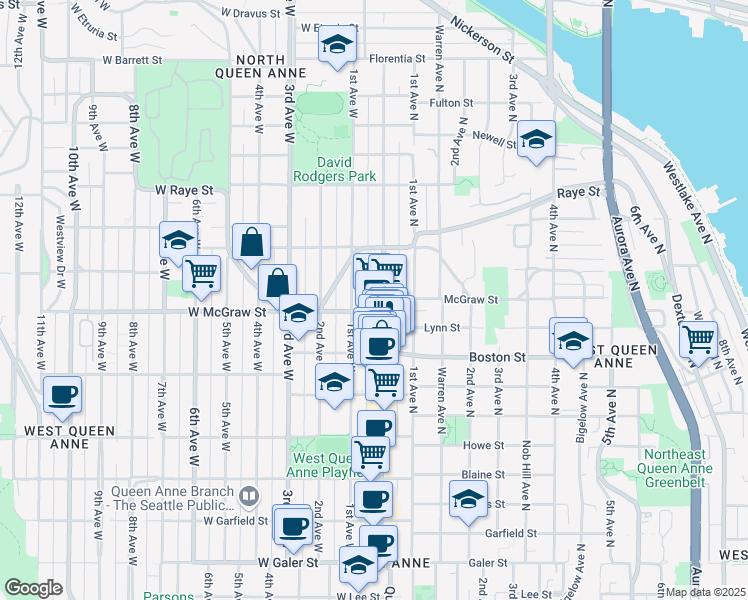 map of restaurants, bars, coffee shops, grocery stores, and more near 2409 Queen Anne Avenue North in Seattle