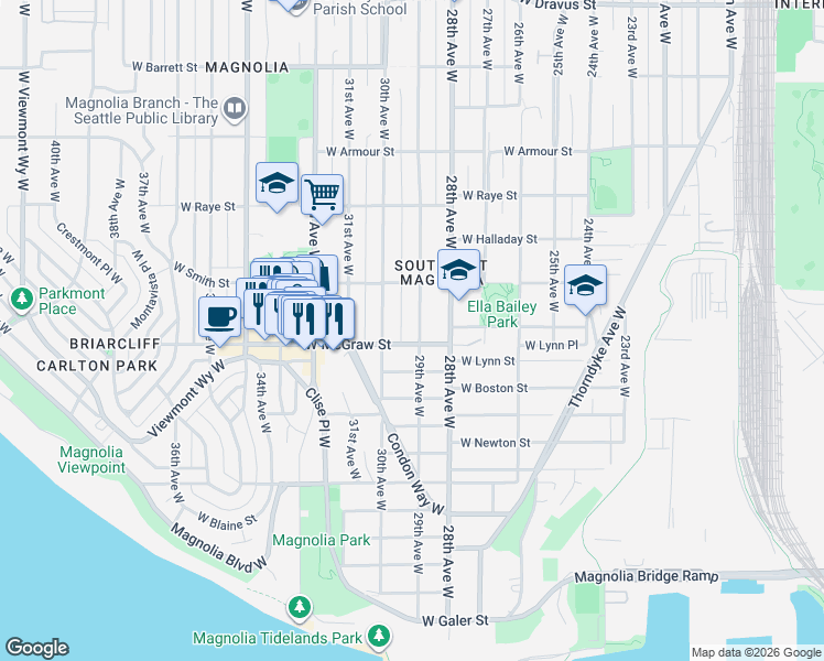 map of restaurants, bars, coffee shops, grocery stores, and more near 2409 29th Avenue West in Seattle