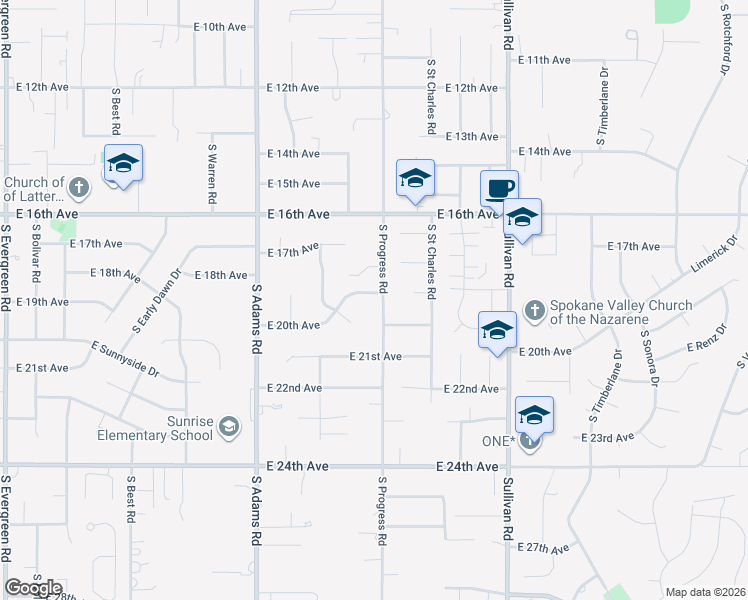 map of restaurants, bars, coffee shops, grocery stores, and more near 15016 East 20th Avenue in Spokane Valley