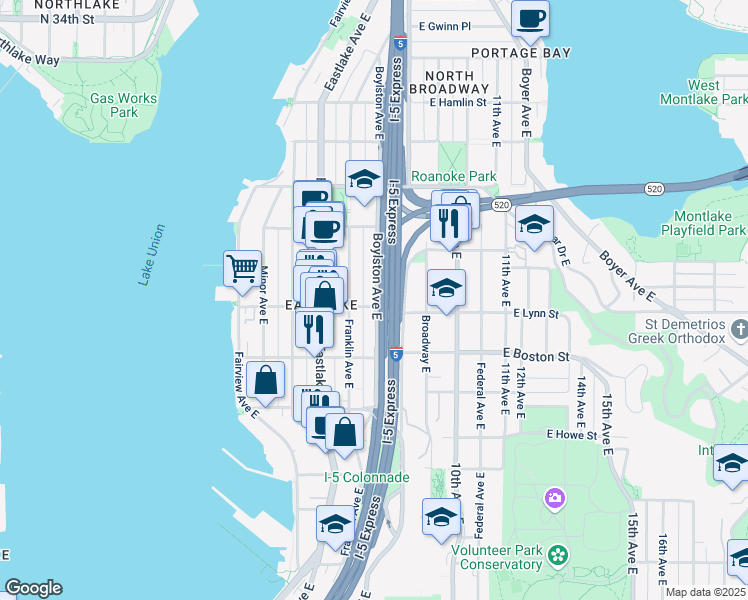 map of restaurants, bars, coffee shops, grocery stores, and more near 2301 Boylston Avenue East in Seattle