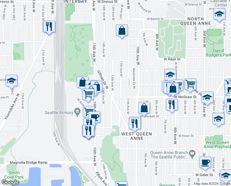 map of restaurants, bars, coffee shops, grocery stores, and more near 2245 12th Avenue West in Seattle