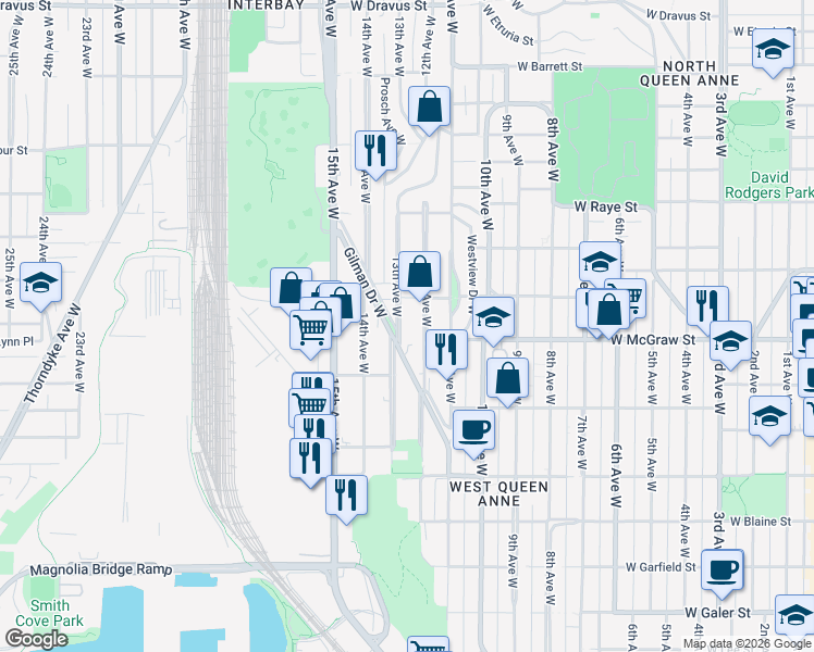 map of restaurants, bars, coffee shops, grocery stores, and more near 2244 13th Avenue West in Seattle