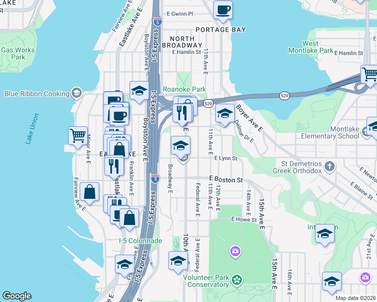 map of restaurants, bars, coffee shops, grocery stores, and more near 2315 10th Avenue East in Seattle