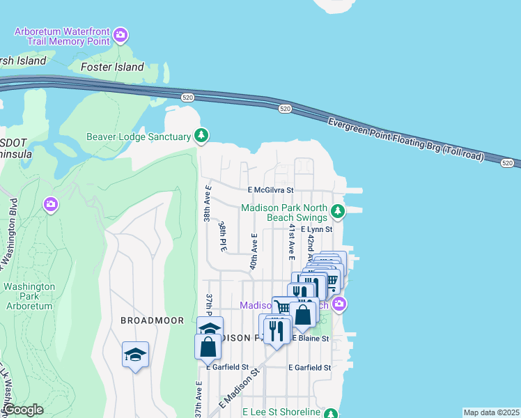 map of restaurants, bars, coffee shops, grocery stores, and more near 2264 40th Avenue East in Seattle